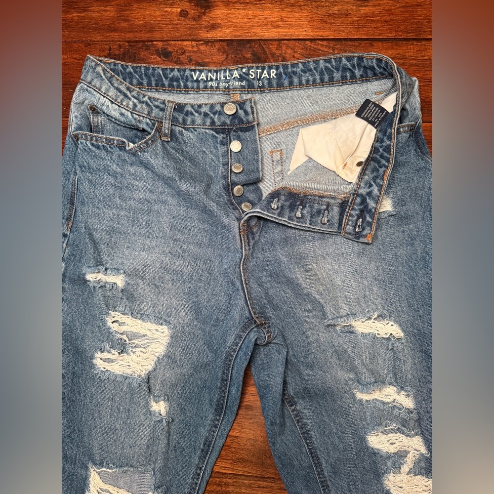 Vanilla Star 90s Boyfriend Jeans Distressed High Rise Button Fly Size 13 - Picture 7 of 14